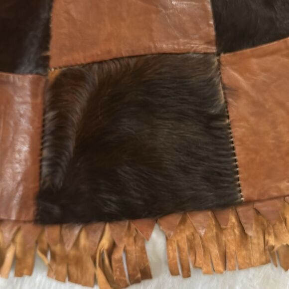 Leather Cowhide Patchwork Circular Rug Brown and Black - Picture 3 of 15
